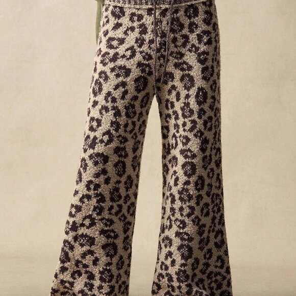 Brown Boho Western Women's Leopard Print Wide Leg Knit Pants - Picture 6 of 8